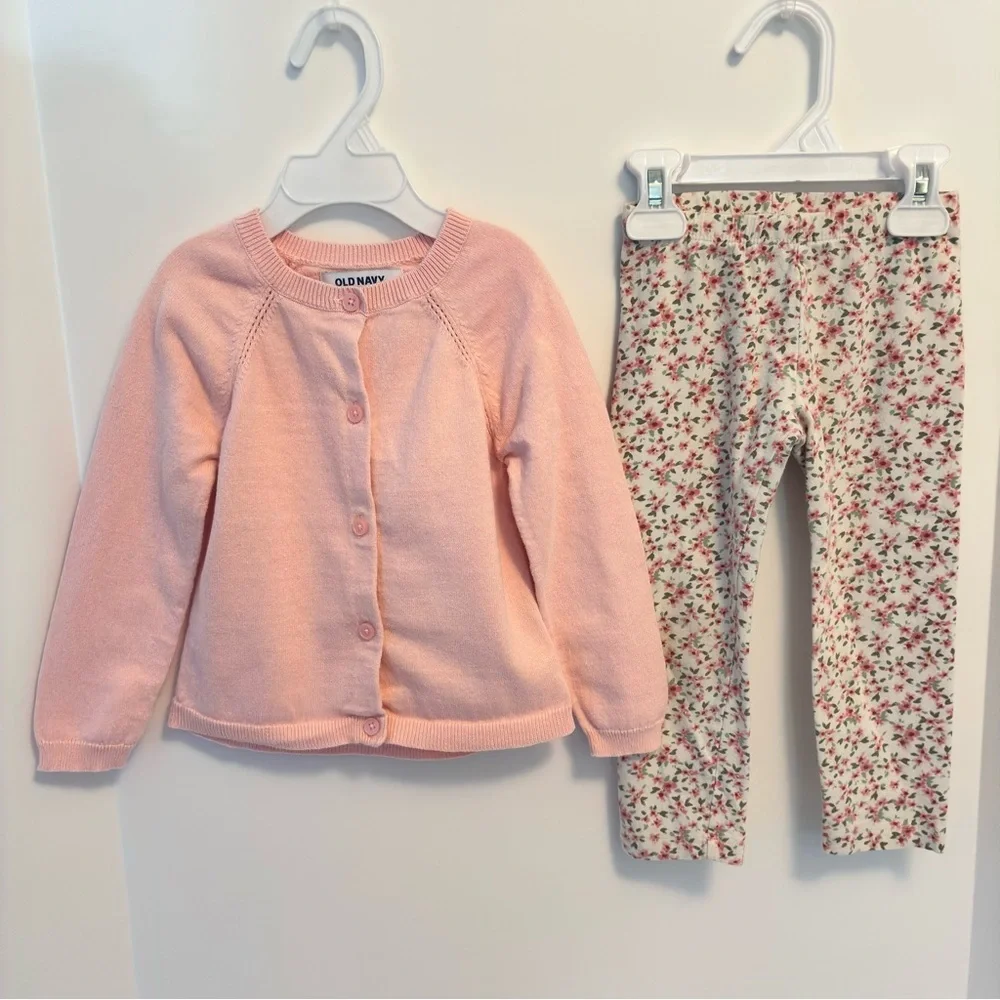 Old Navy Toddler Girl Button-Front Cardigan Sweater Pink & Floral Leggings 3T